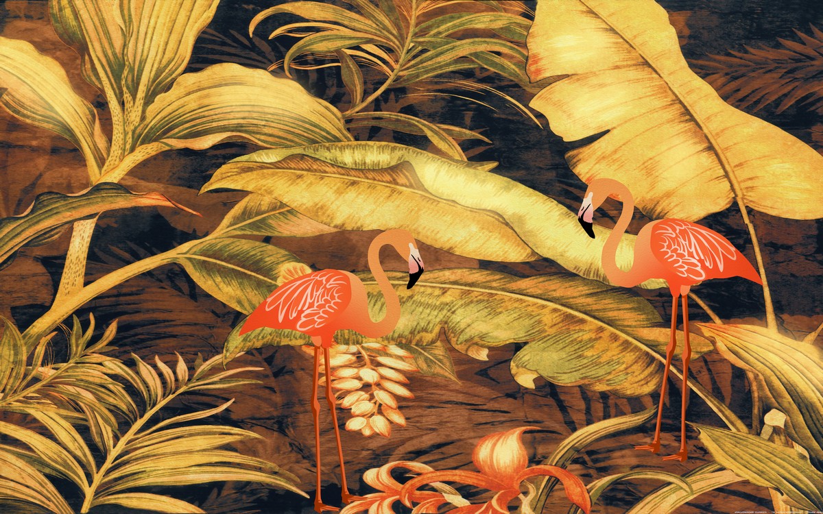 Фреска Фламинго в золотых папоротниках